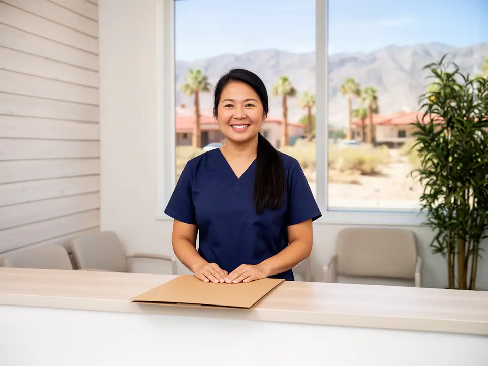 Smiling clinic office manager in navy scrubs at a bright reception counter